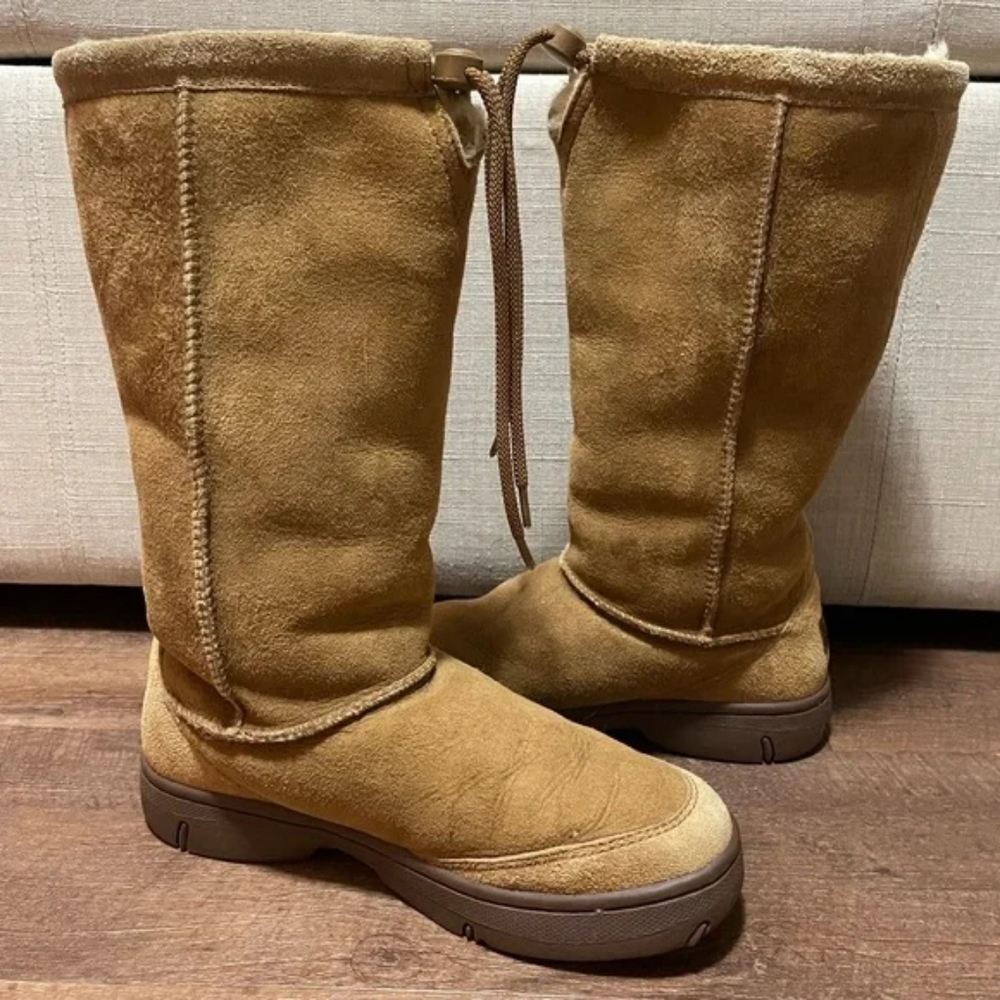 UGG vintage brown tan leather tall Drawstring boots sheepskin Platform Sherpa 9 - Picture 1 of 12